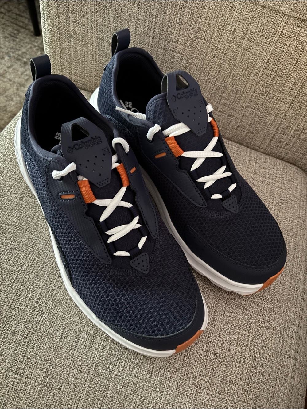 Columbia Men's Navy Mesh Sneakers with White Laces and Orange Accents